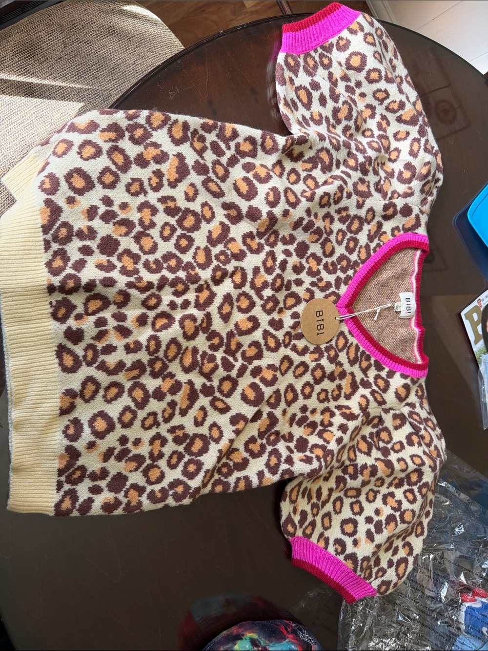 BIBI Beige Leopard Print sweater with Pink Trim